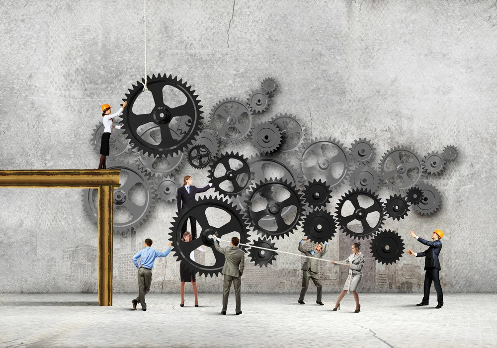 Conceptual image of businessteam working cohesively. Interaction and unity